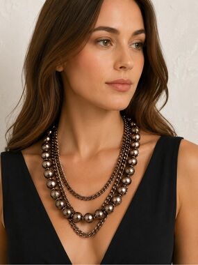 Givenchy Bronze Faux Pearl Crystal Multi-Strand Designer Necklace